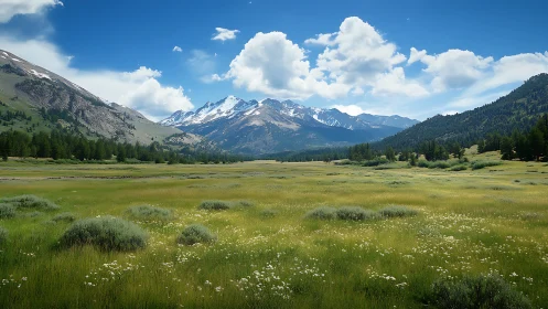 Sunlit alpine meadow opens toward distant snowcapped mountains