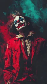 Haunting clown in a tattered red suit amid swirling color.