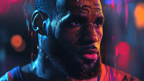 Close-up portrait of athletic man under vivid neon light