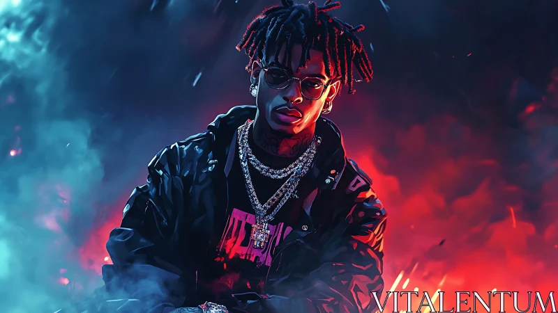 Neon-lit rapper portrait glows in electric urban haze