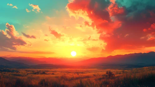 Hyper-saturated digital sunset over layered mountain grasslands