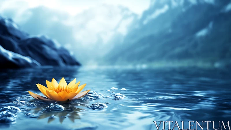 Yellow water lily on reflective blue lake in mountains.