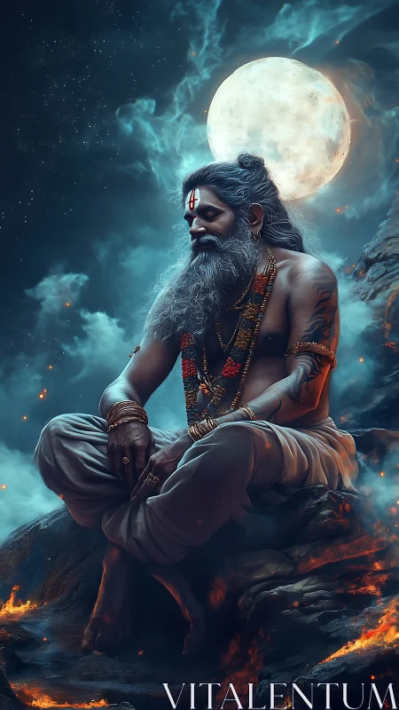 Mystic sage resting in moonlit smoke and quiet embers.