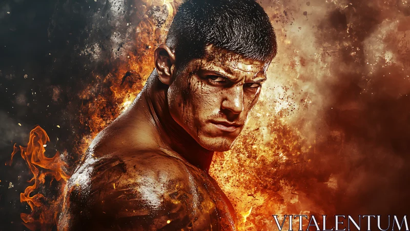 Warrior locked in flames exudes raw determination and fire.
