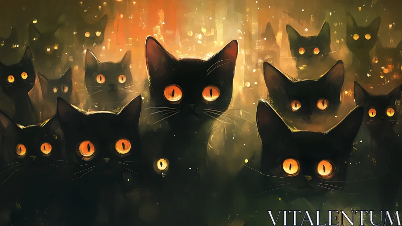 Black Cats with Glowing Eyes in Mystic Firelit Atmosphere.