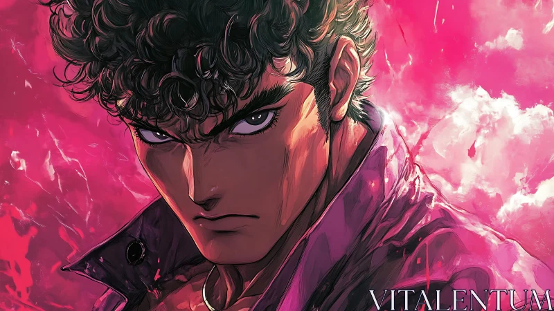 Curly haired anime man portrait on vivid pink sky background.