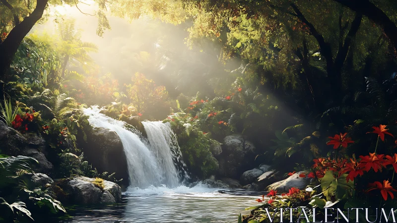 Sunlit jungle waterfall hums softly beneath emerald canopies