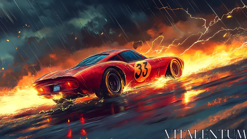 Red race car 33 accelerates through rain and surrounding fire