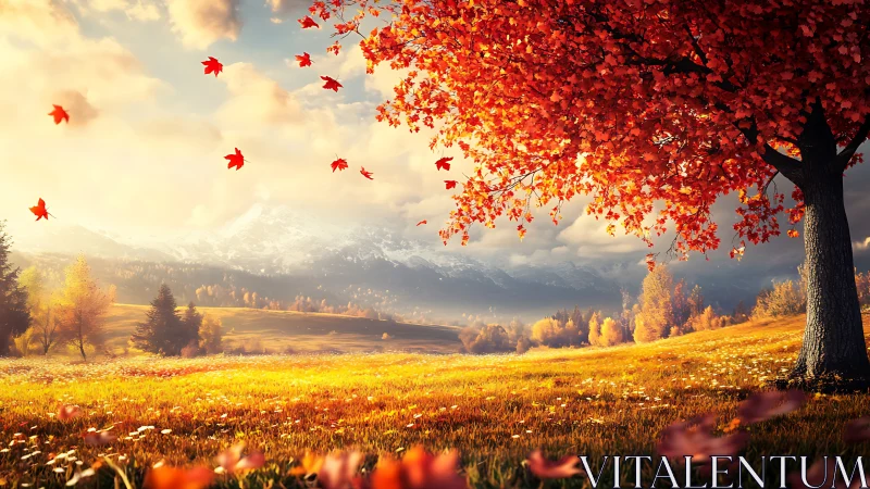 Digital painting of radiant autumn tree in alpine landscape.