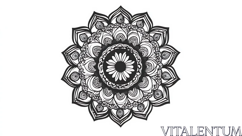 Radially symmetric ink mandala with floral tessellation core.