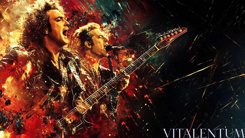 Digital painting of rock guitarists in explosive stage lighting.