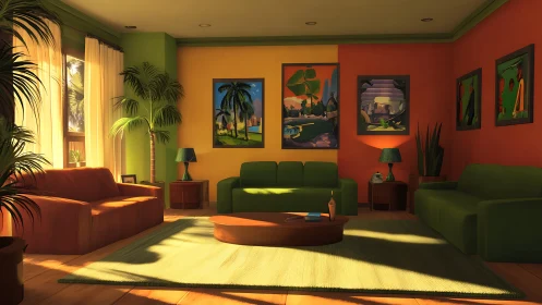 Mid-century styled living room with bold color blocking.