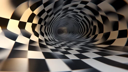 Surreal checkered tunnel with optical illusion effect in 3D art.