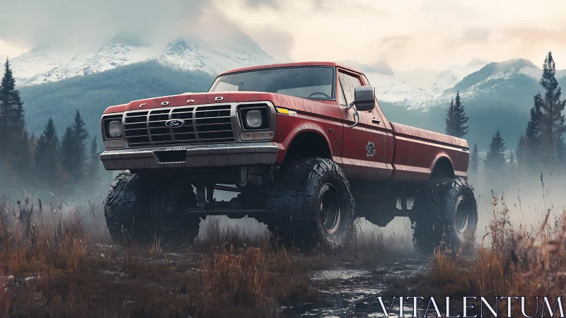Lifted red pickup truck in misty mountain forest scene.