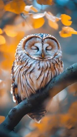 Barred owl resting on branch with shallow depth and bokeh color contrast