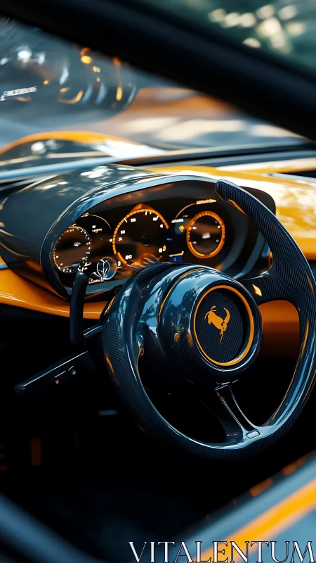 Sleek sports car cockpit glowing with warm amber dials.