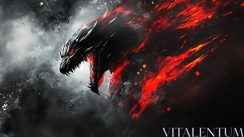 Inferno-scaled dragon erupts from storm forged in shadowed fire.