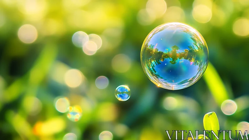 Iridescent soap bubble floats above glowing green meadow.