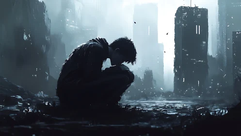 Solitary figure kneels amid ruined high‑rise skyline in cold backlight