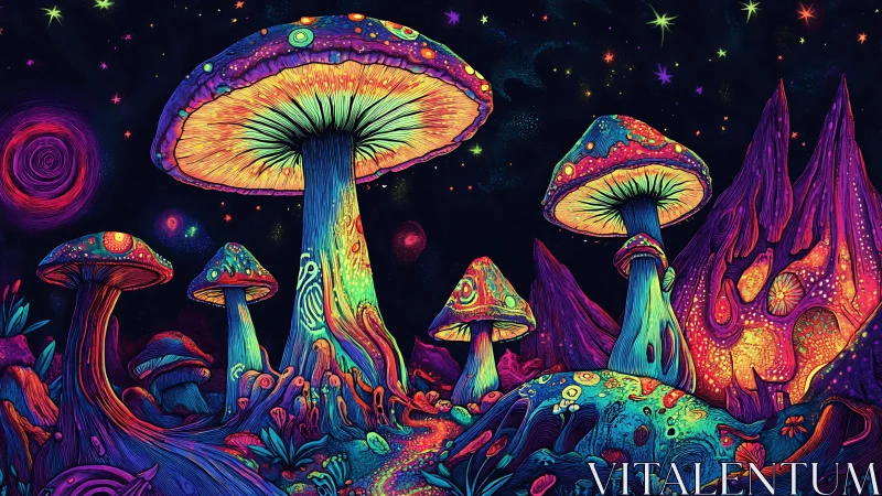 Neon twilight mushrooms hold court in a cosmic dream grove