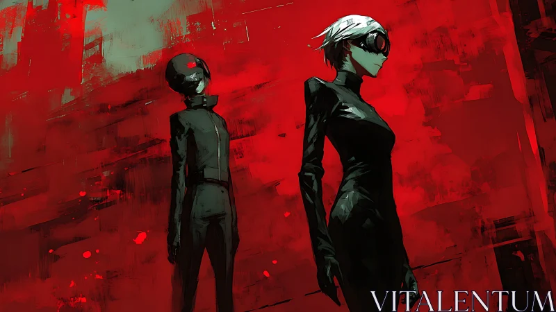 Crimson wasteland sentinels in sculpted black future armor.