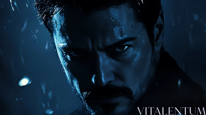 Male face in low key blue lighting with rain effects.