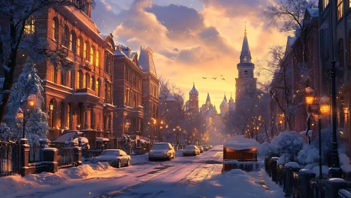 Snowlit city boulevard melting into a storybook sunrise.