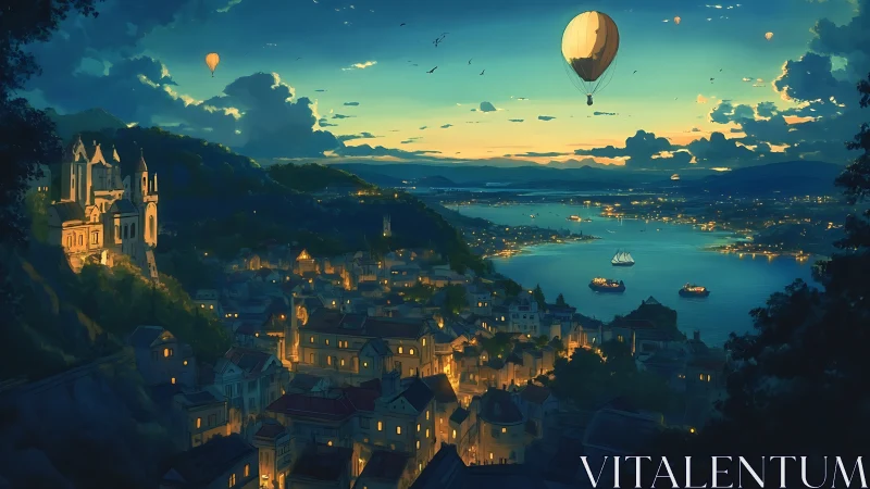 Coastal hillside town glows at dusk as hot air balloons drift