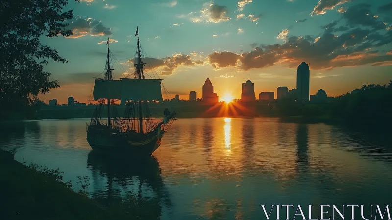 Sailing ship silhouette on river against modern city sunset.