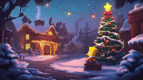 Snowy suburban Christmas scene with stylized cartoon boy.