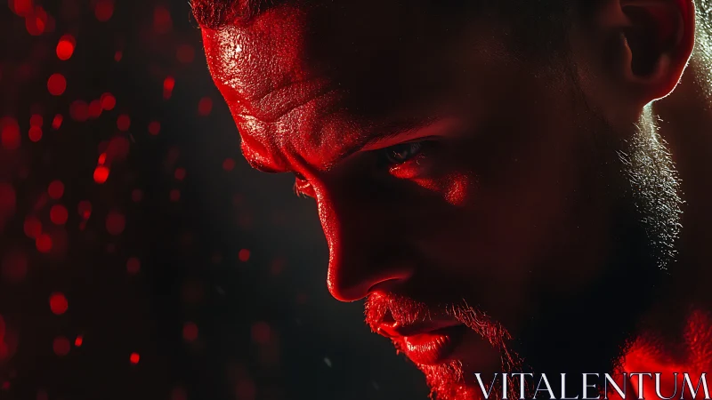 Focused male profile under intense red dramatic lighting