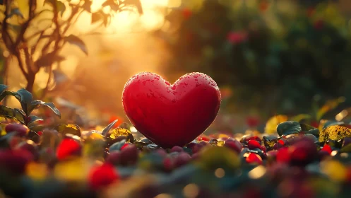 Crystalline Red Heart Illuminated in Golden Garden Setting.