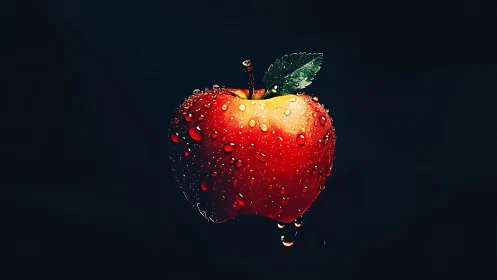 Wet red apple floats against deep black background