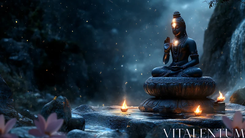 Nocturnal bronze deity beside waterfall with volumetric firelight.
