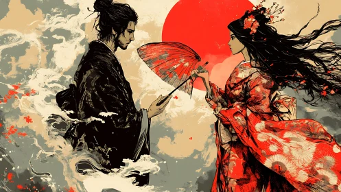 Digital painting of samurai lovers under rising sun motif.