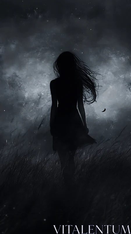 Silhouetted woman in moonlit field under stormy nocturnal sky.