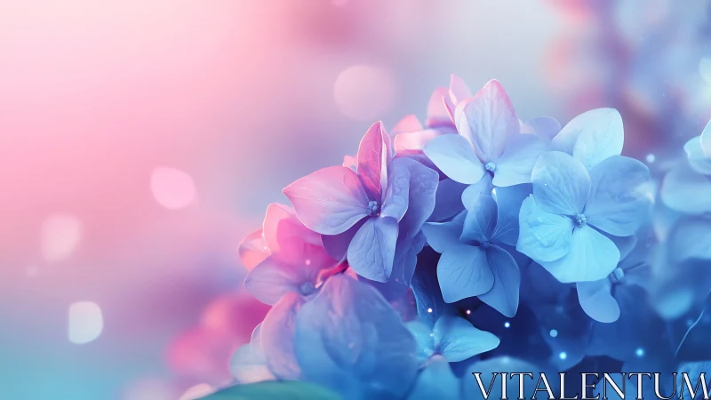 Hydrangea flowers with gradient blue-pink coloration and bokeh background.