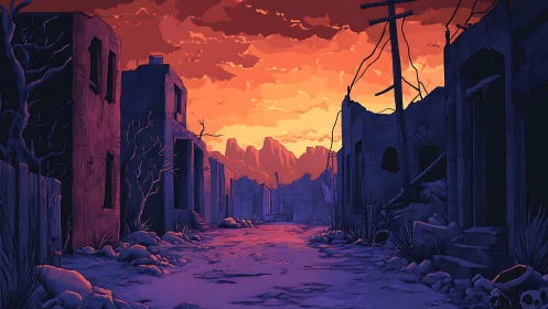 Digital illustration shows derelict street at orange sunset