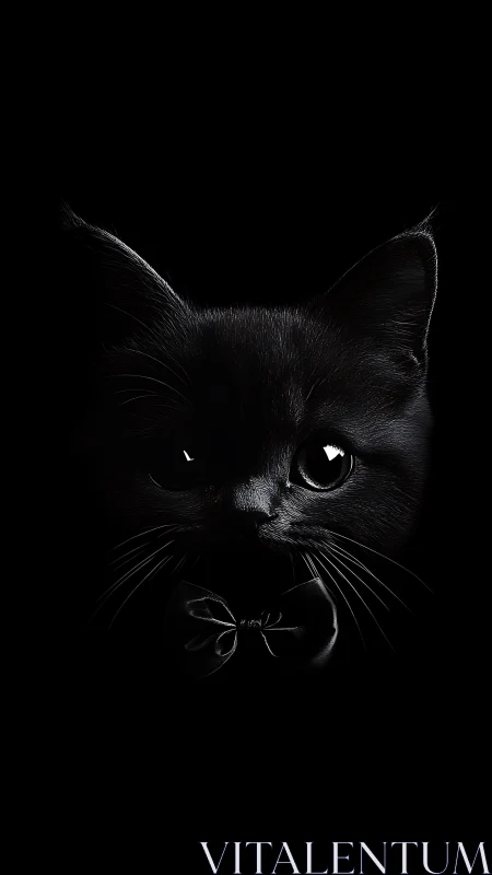 High-Contrast Black Cat Portrait Against Absolute Black Background.