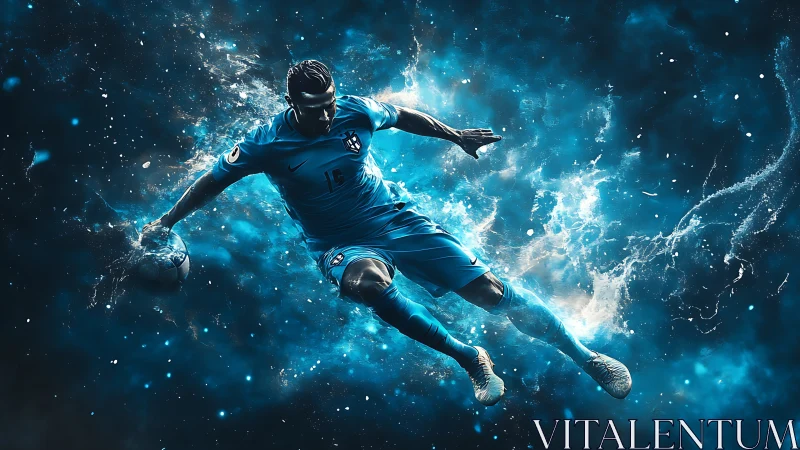 Dynamic soccer player bursts through electric blue energy storm