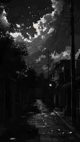 Monochrome nocturnal alleyway with reflective wet paving design.