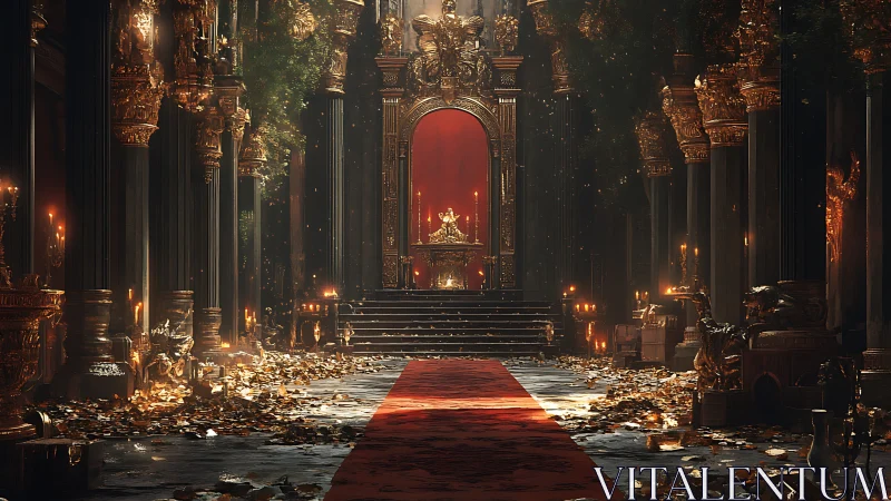 Golden throne hall glows amid fallen leaves and candlelight.