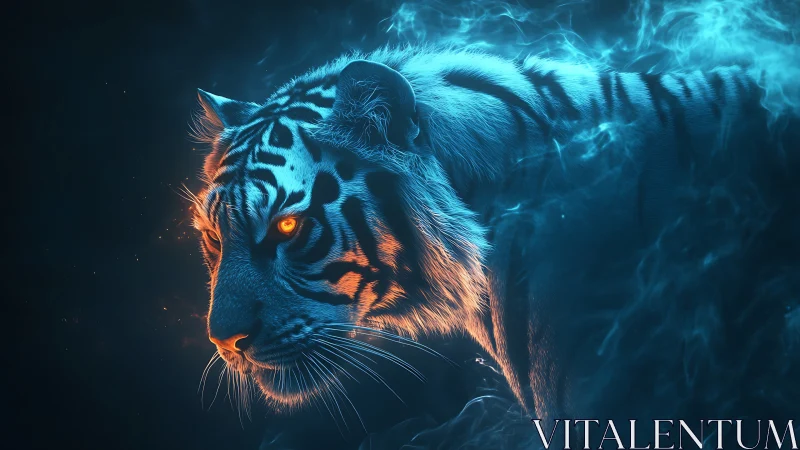 Bioluminescent tiger rendered in neon cyan rim light and ember eyes