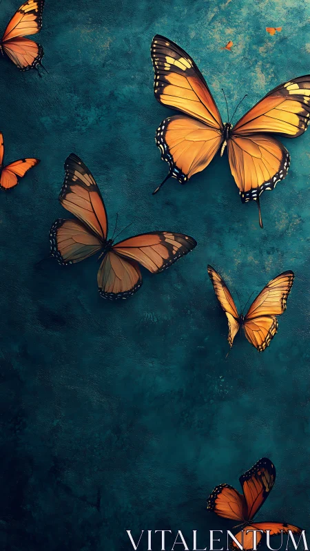 Golden butterflies drift across deep teal textured sky.