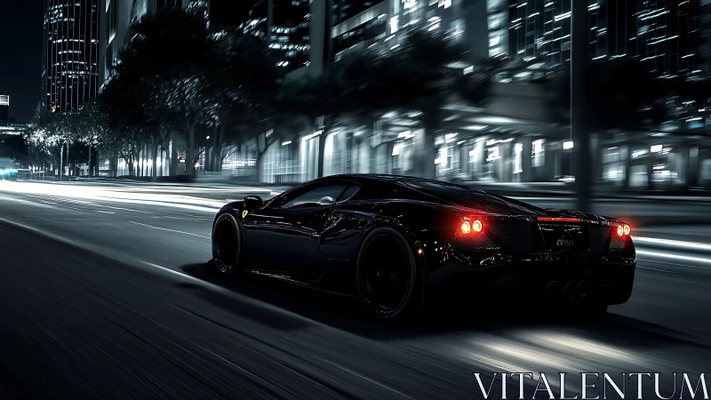 Midnight supercar glides through a glowing city street