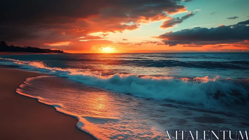 Luminous sunset surf rolling onto reflective shoreline.