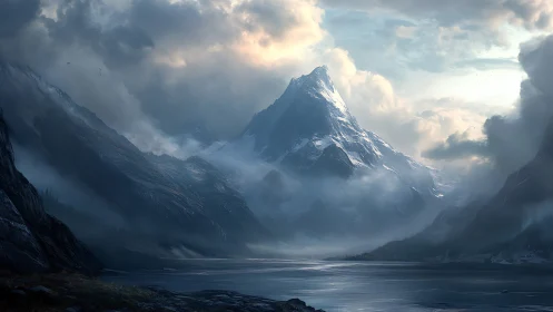 Snow-covered peak above misty valley and reflective lake.