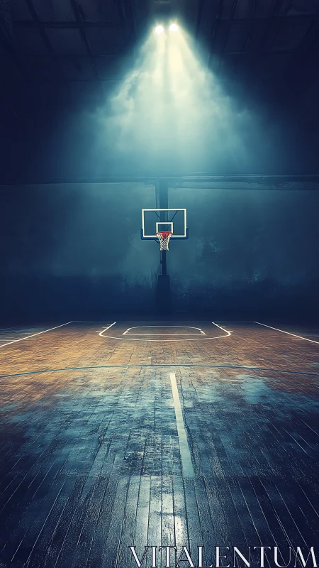 Lonely hoop waits beneath a sacred cone of locker room light