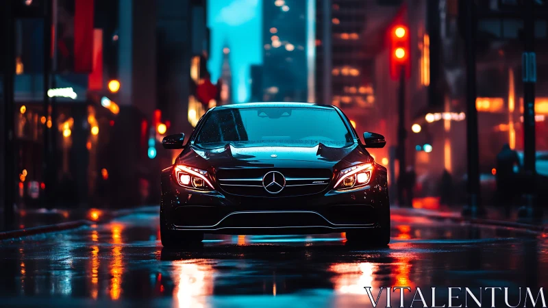 Black Mercedes sedan reflects neon city lights on wet street