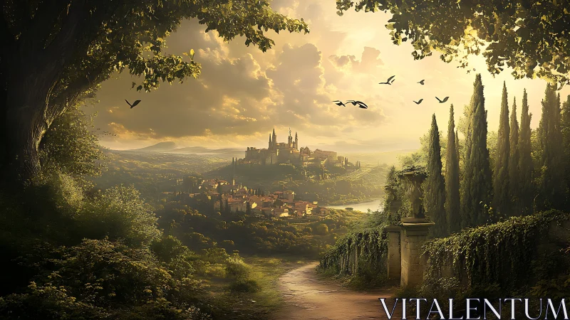 Sunlit path winding toward a dreamy hilltop village.